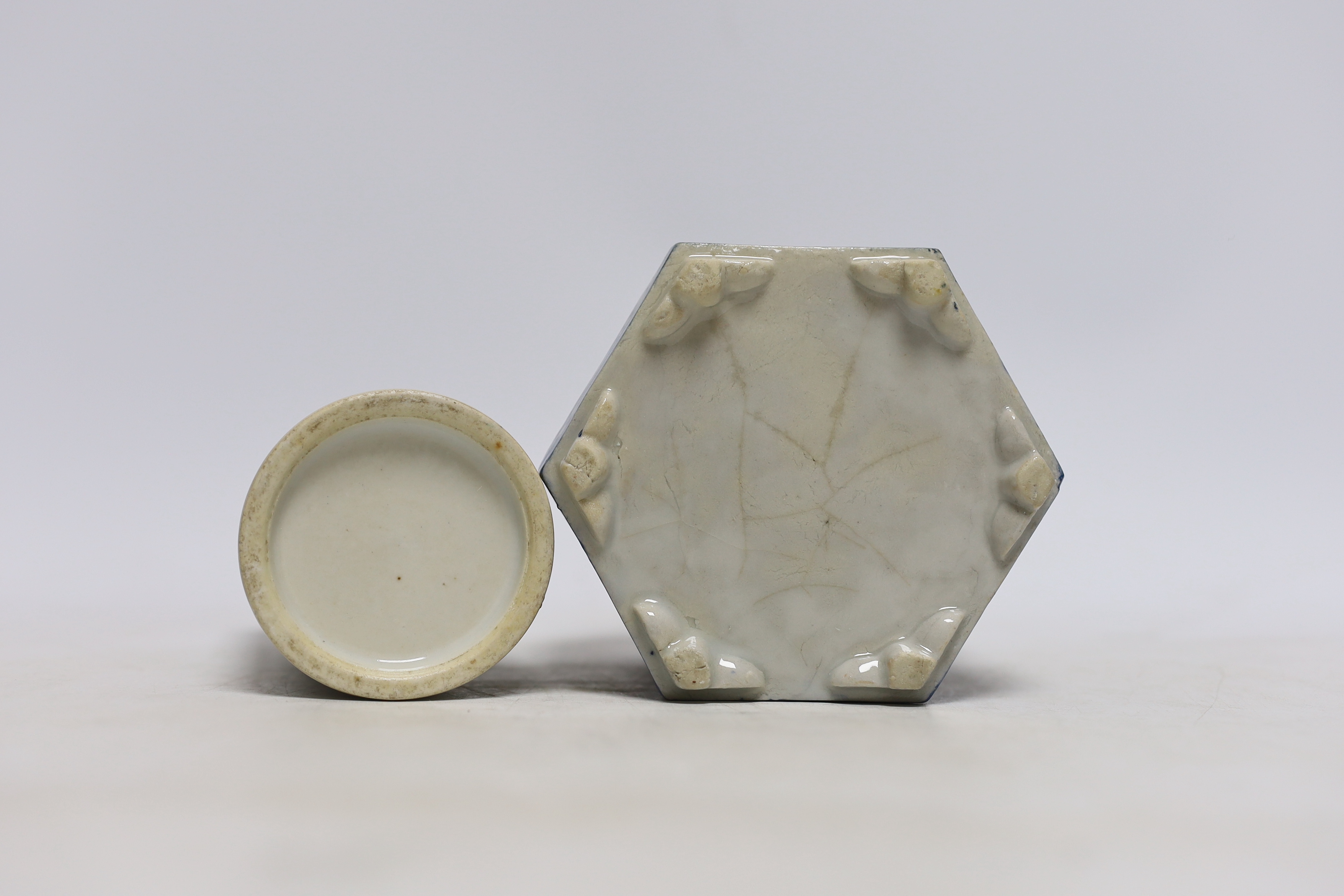 A Chinese hexagonal vase and a spill vase, 12cm high